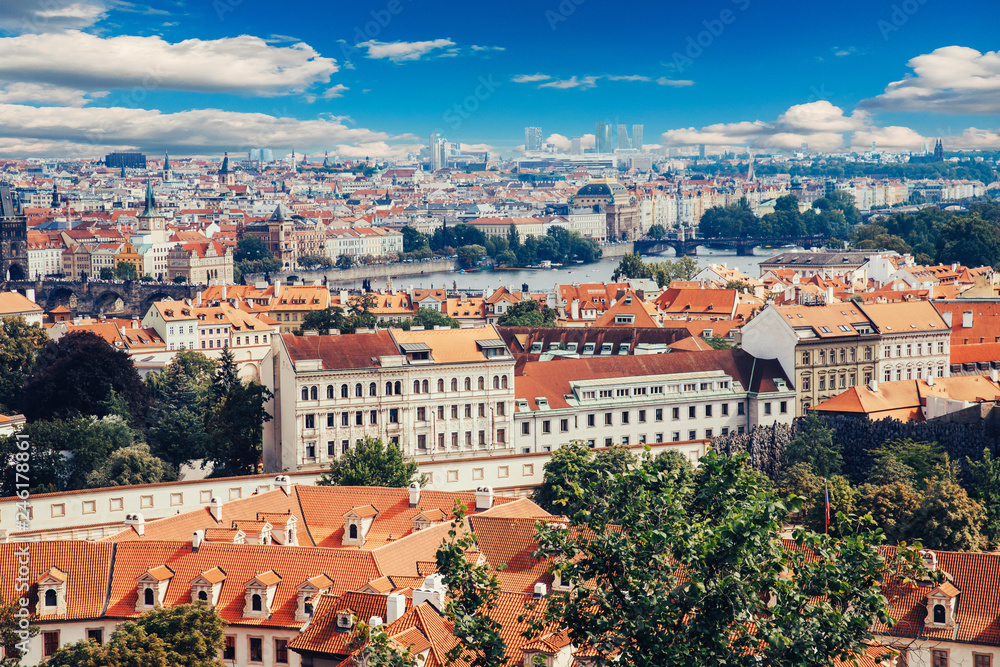 View of colorful Prague europe castle and old town with red tile roofs, Czech Republic. Concept travel
