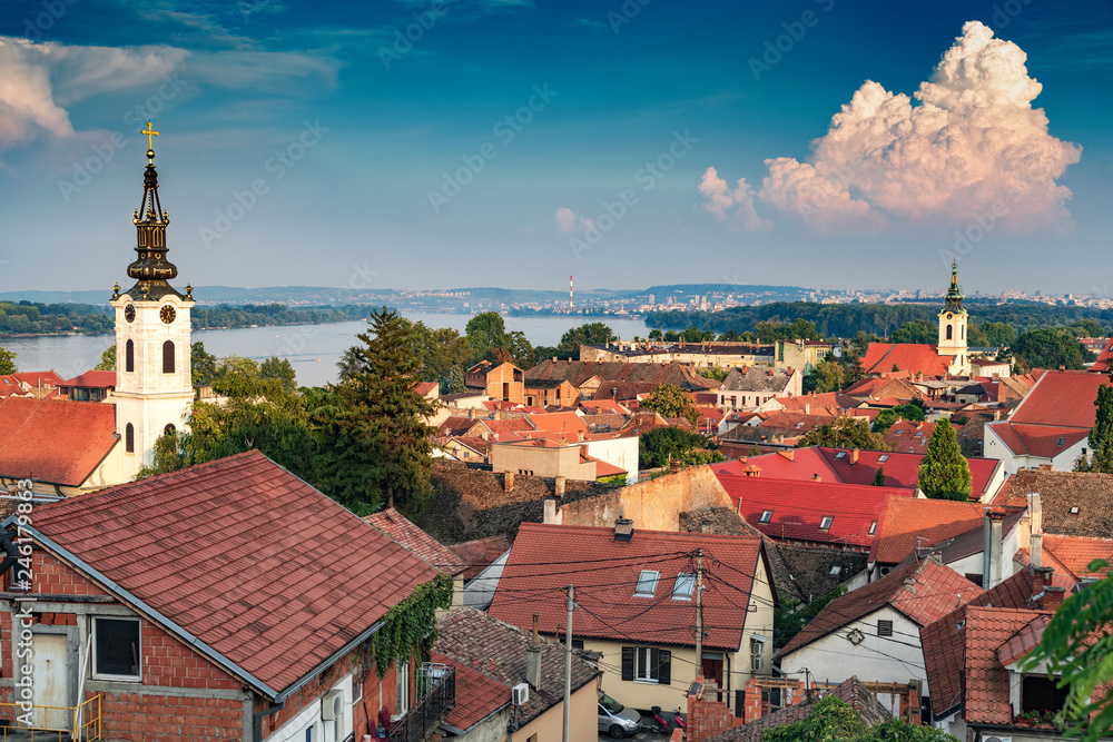 View of Belgrade and Zemun in Serbia from Gardos Tower, panorama of the Danube River with Veliko Ratno Ostrvo in the background in summer