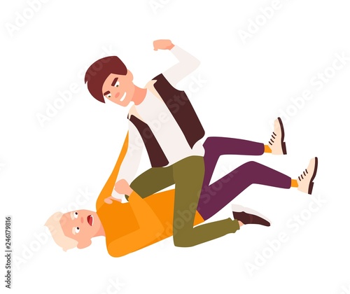 Angry fighting and brawling boys. Conflict between children, violent behavior among teenagers, kids violence at school. Cartoon characters isolated on white background. Flat vector illustration.