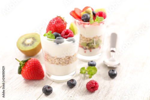 healthy breakfast with muesli and fruits