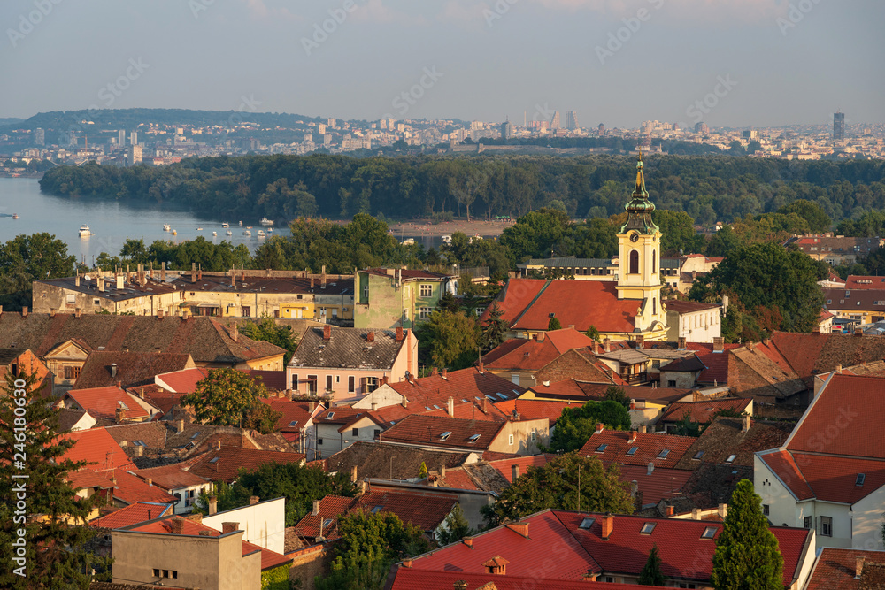 Fototapeta premium View of Belgrade and Zemun in Serbia from Gardos Tower, panorama of the Danube River with Veliko Ratno Ostrvo in the background in summer