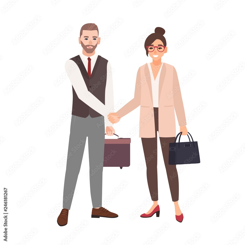 Male and female business partners, employees or office workers shaking hands. Professional cooperation between colleagues, partnership, agreement. Colorful vector illustration in flat cartoon style. Male and female business partners, employees or office workers shaking hands. Professional cooperation between colleagues, partnership, agreement. Colorful vector illustration in flat cartoon style.