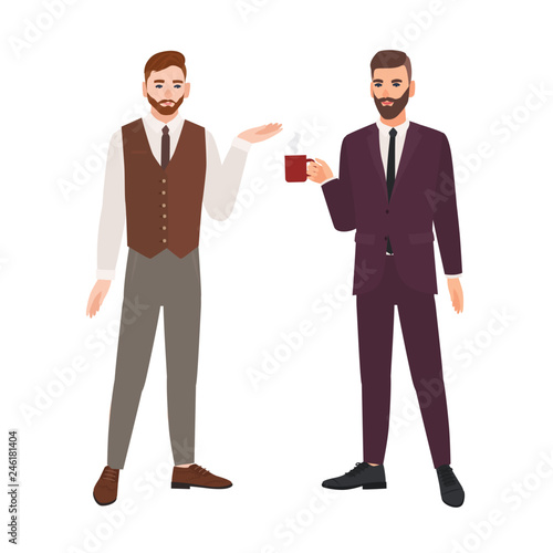 Pair of bearded men dressed in business clothes or male office workers talking and drinking coffee