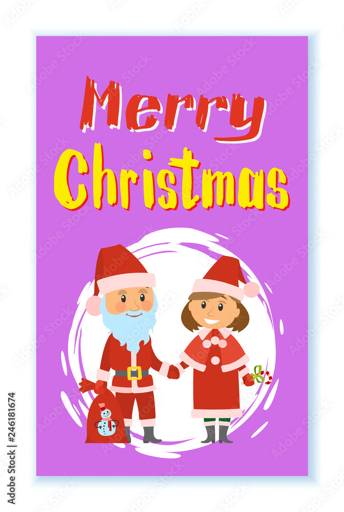 Merry Cristmas, Santa Claus and helper in traditional costumes vector in round brush frame. Xmas winter holidays characters, bag or sack with snowman print Merry Cristmas, Santa Claus and helper in traditional costumes vector in round brush frame. Xmas winter holidays characters, bag or sack with snowman print