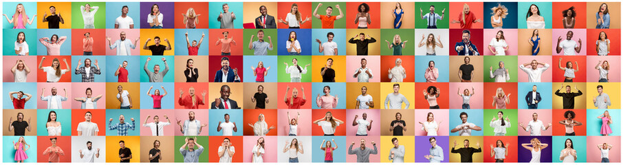 The collage of faces of surprised people on colored backgrounds. Happy men and women smiling. Human emotions, facial expression concept. collage of different human facial expressions, emotions