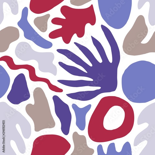 Abstract seamless pattern with colorful patches, shapes and tropical leaves o...