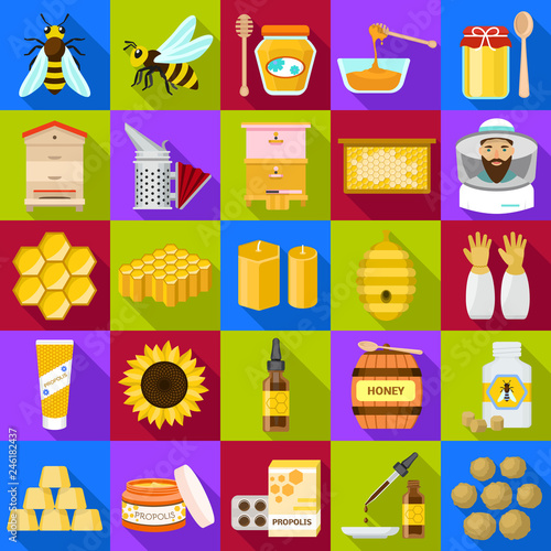 Propolis icons set. Flat set of propolis vector icons for web design