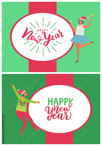 Happy New Year postcards with people dancing at corporate fest celebrating holidays. Vector cartoon style characters on Merry Christmas party