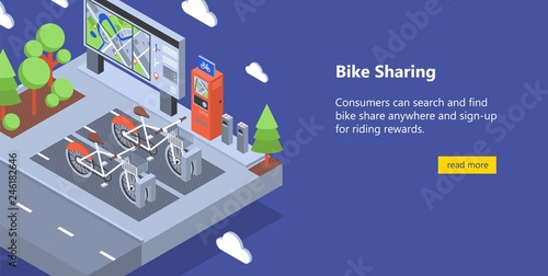 Web banner with bicycles available for rent parked at docking stations on city street, payment terminals, map stand. Isometric vector illustration for public bike sharing service advertisement.