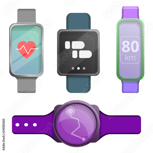 Fitness tracker icons set. Cartoon set of fitness tracker vector icons for web design