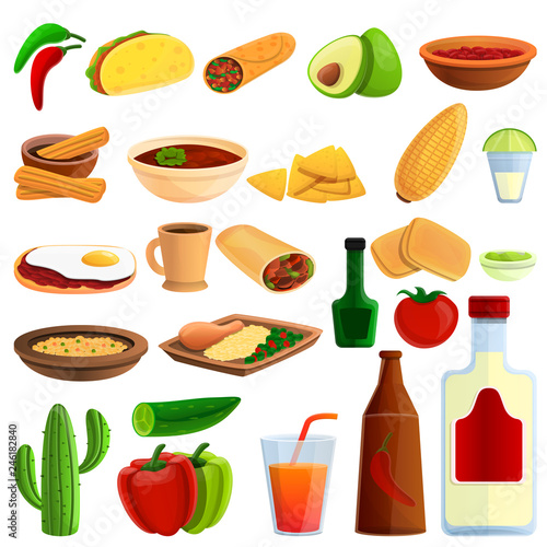 Mexican food icons set. Cartoon set of mexican food vector icons for web design