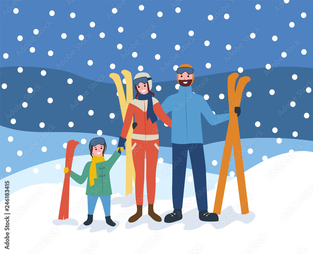 Naklejka premium Skiing family, wintertime sports hobby of people vector. Vacation of parents and kid holding equipment for ski, skiers standing in snowfall outdoors
