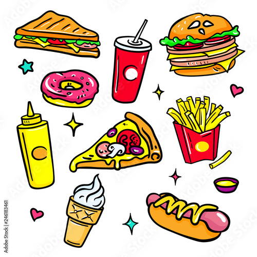 Fast food - colorful vector isolated stickers set