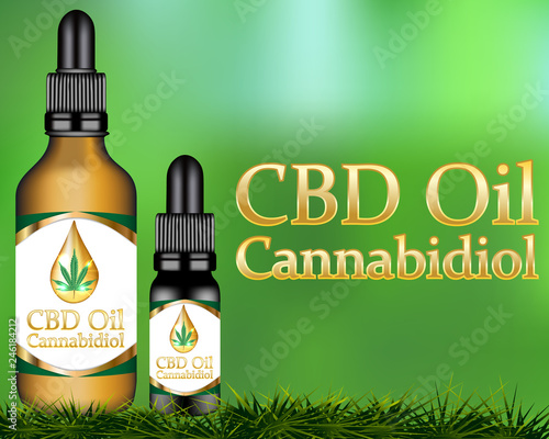 CBD oil Cannabidiol products green background.