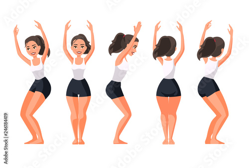 Vector illustration of sportive women in utkatasana chair pose with hands up. Cartoon realistic people illustration practicing yoga. Flat young woman. Front view girl, Side view, Back side view.