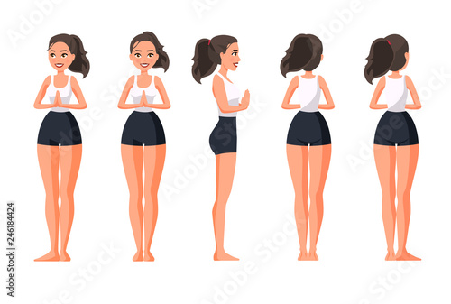 Vector illustration of sportive women in tadasana mountain pose with namaste hands. Cartoon realistic people illustration practicing yoga. Flat young woman. Front view girl, Side view, Back side view.