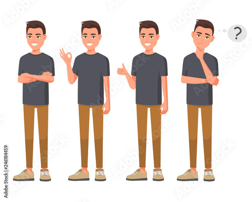 Vector illustration of smiling man in casual clothes in different poses. Cartoon realistic people set. Flat young man. Crossed hands. Hand ok sign. Good hand. Thump up for agreement sign.  Thinks man.