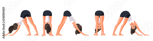 Vector illustration of sportive women in dog pose yoga. Cartoon realistic people illustration practicing yoga. Flat young woman. Front view girl, Side view girl, Back side view. Stretching. Sport.