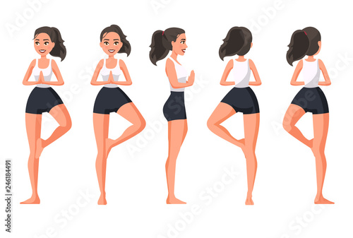 Vector illustration of sportive women in Tree position with namaste hands. Cartoon realistic people practicing yoga. Flat young woman. Front view girl, Side view, Back side view. Standing yoga poses. 