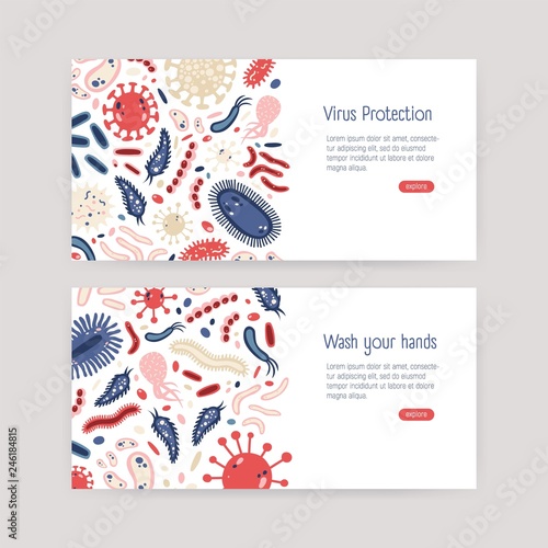 Bundle of web banner templates with harmful single cell microorganisms on white background and place for text. Bacteria and virus protection awareness. Vector illustration in flat cartoon style.