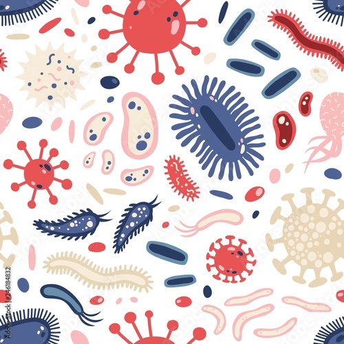 Seamless pattern with single cell microorganisms or microbiome on white background. Backdrop with germs, protists, microbes, protozoa, pathogens, bacteria, viruses. Flat cartoon vector illustration.