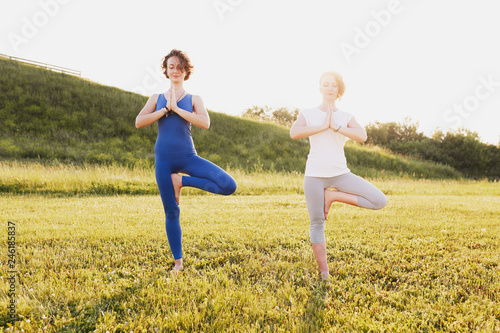 Side view of a charming young slim girls with curly hair and doing vrikshasana on a green lawn in a sunny summer park on the background of a hill. Concept of health and longevity