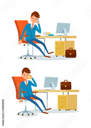 Business affairs of businessman working in office vector. People talking on phone with clients and parthners. Discussion about details of project photo
