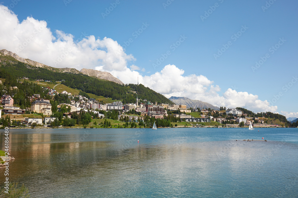 Sankt Moritz town and lake in a sunny summer day in Switzerland