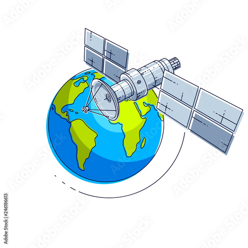 Satellite flying orbital flight around earth, communication technology spacecraft space station with solar panels and satellite antenna plate. Thin line 3d vector illustration.