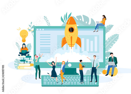 New business start up. Template with computer, rocket and people.