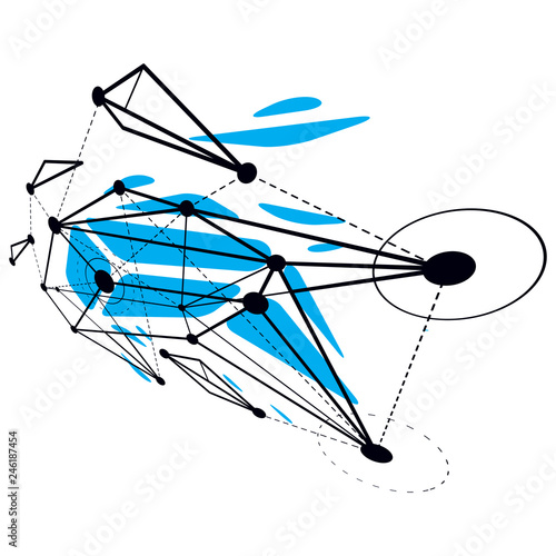Abstract geometric 3D wireframe object, digital technology vector illustration.