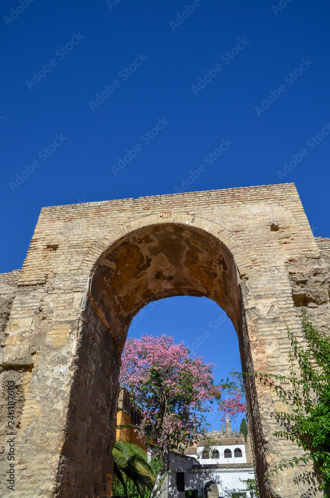セビリアのアルカサル　ライオンの中庭とイスラム時代の城壁（スペイン・セビリア）
