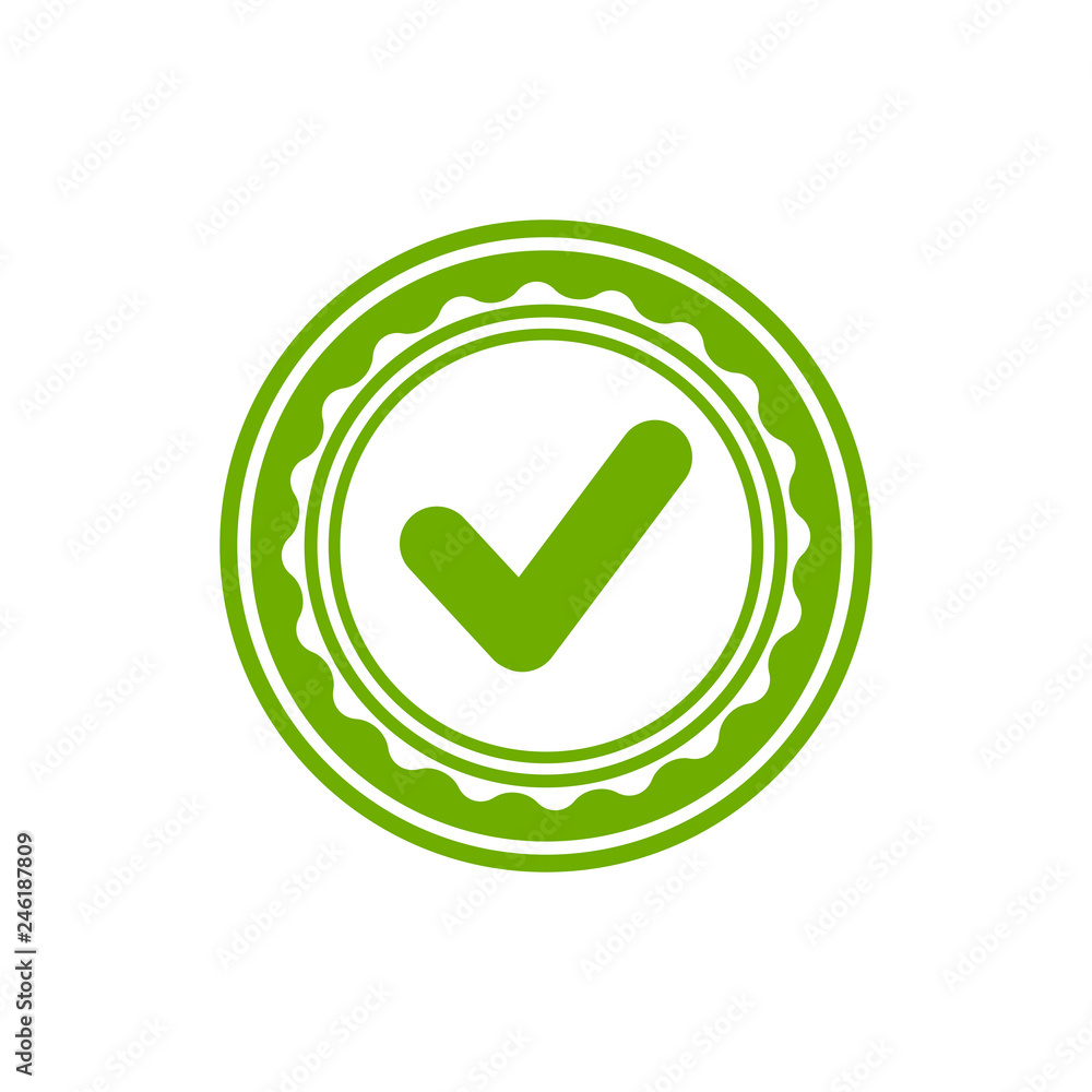 Valid Seal icon. Green circle with ribbon outline and white tick. Flat OK sticker icon. Valid Seal icon. Green circle with ribbon outline and white tick. Flat OK sticker icon.