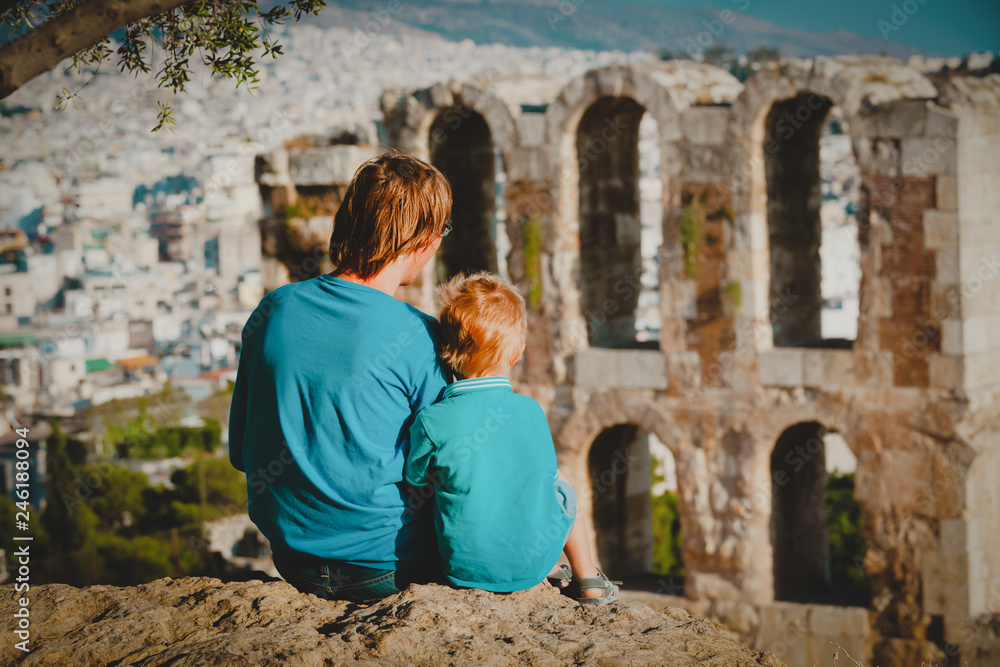 Fototapeta premium father and little son travel in Acropolis, Athens, Greece