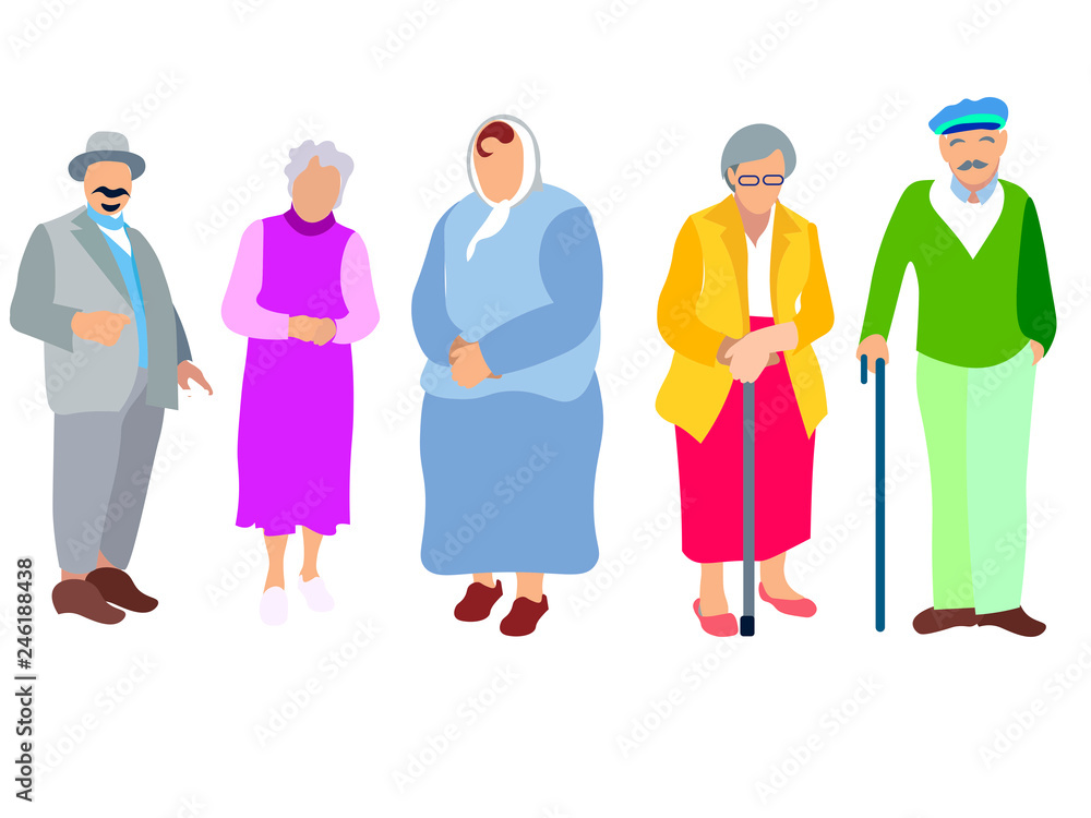 A set of people, pensioners, grandparents. Isolated on white background. In minimalist style. Cartoon flat Vector A set of people, pensioners, grandparents. Isolated on white background. In minimalist style. Cartoon flat Vector