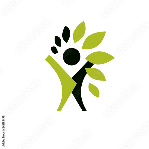 Vector illustration of excited abstract person with raised hands up. Go green idea creative logo. Healthy lifestyle metaphor. Vegetarian theme icon.