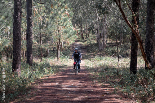 A man travelling and cycling in the National Park Phu Kradueng Thailand. © EmmaStock