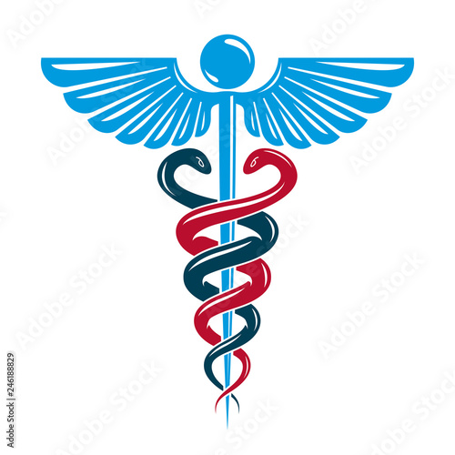 Caduceus symbol made using bird wings and poisonous snakes, healthcare conceptual vector illustration.