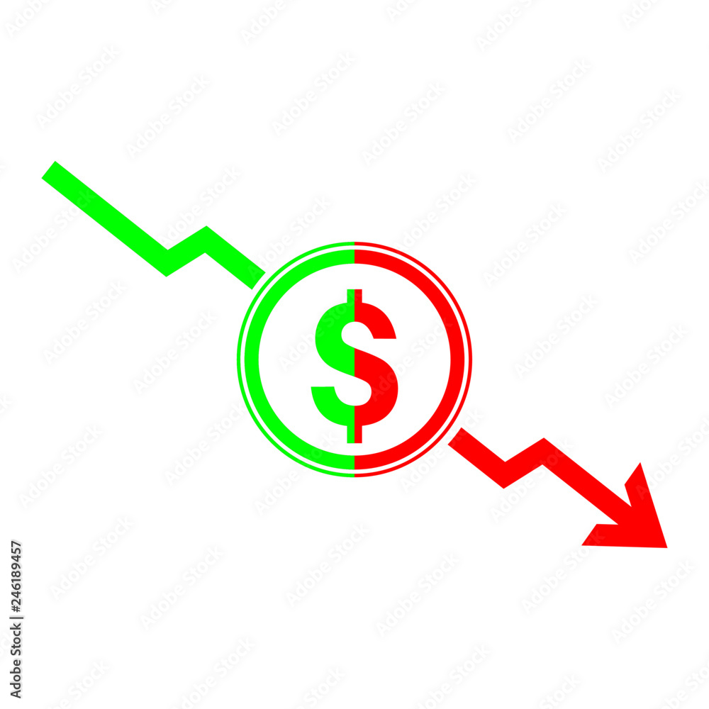 Dollar sign icon and declination arrow for business decline and declination of investment, salary, income, revenue, profit, cost, ebitda, patami, stock market and wealth Dollar sign icon and declination arrow for business decline and declination of investment, salary, income, revenue, profit, cost, ebitda, patami, stock market and wealth