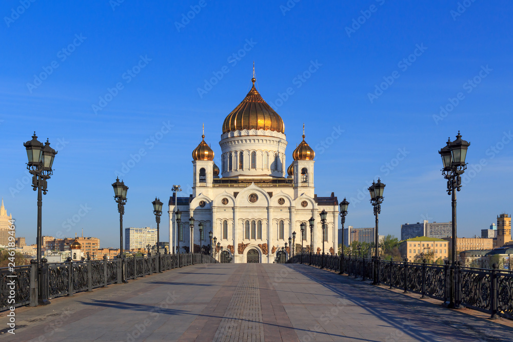 View of Cathedral of Christ the Saviour from Patriarshiy Bridge over Moskva river in sunny spring morning