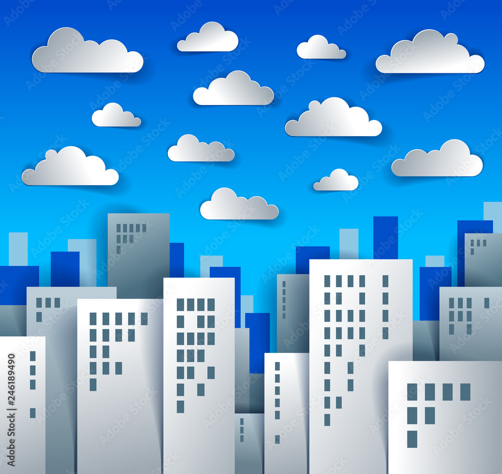 Cityscape cartoon vector illustration in paper cut kids application style, high city buildings real property houses and clouds in the sky.