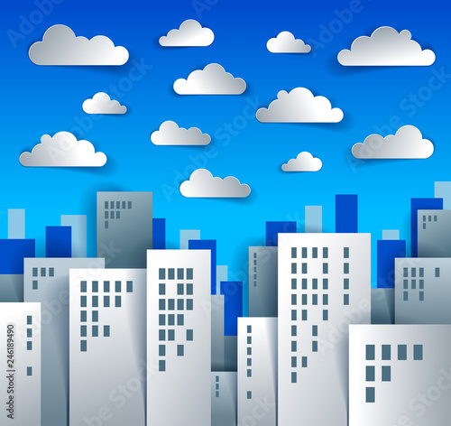 Cityscape cartoon vector illustration in paper cut kids application style, high city buildings real property houses and clouds in the sky.