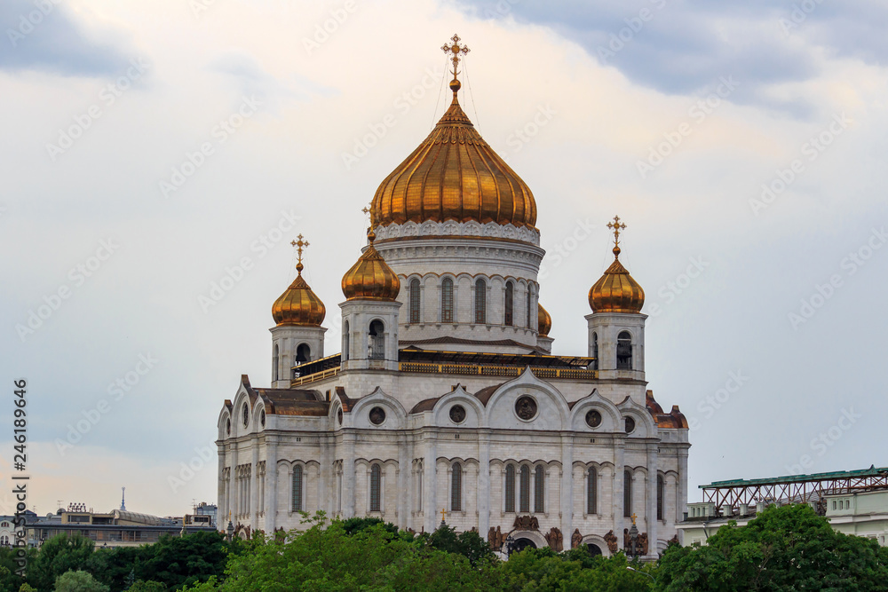 Cathedral of Christ the Saviour in Moscow against cloudy sky in summer day