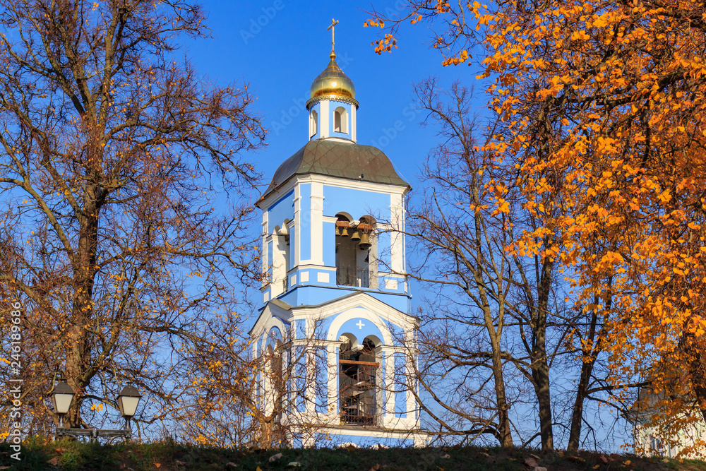Church of the icon of the mother of God Life-giving spring in Tsaritsyno park in Moscow against blue sky at sunny autumn day Church of the icon of the mother of God Life-giving spring in Tsaritsyno park in Moscow against blue sky at sunny autumn day