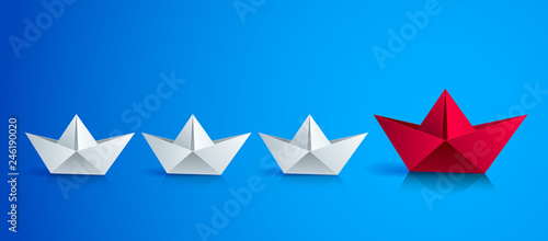 Swimming origami ship leading the team group of smaller ships, business leadership concept, vector modern style 3d realistic illustration.