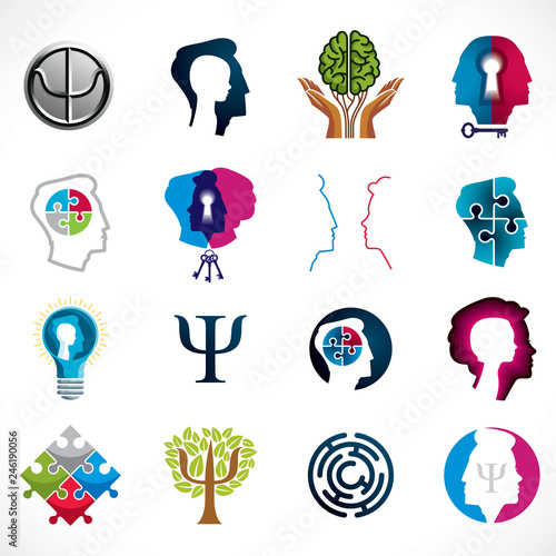Psychology, human brain, psychoanalysis and psychotherapy, relationship and gender problems, personality and individuality, cerebral neurology, mental health. Vector icons or logos set.