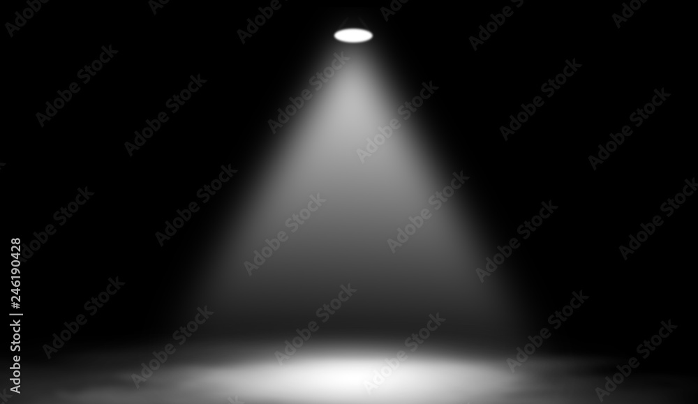 Fotobehang  Witte studiospot. Podium met rook op de vloer. #246190428