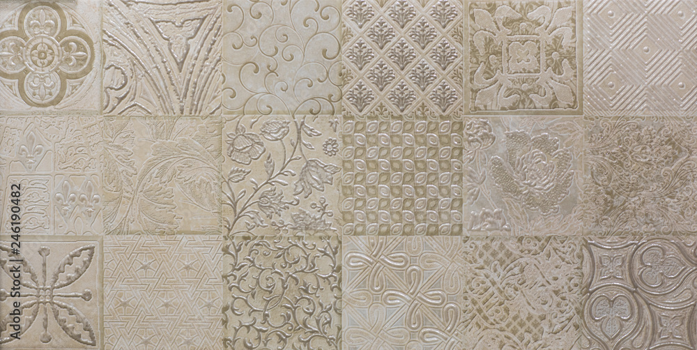 mosaic abstract geometric seamless gray ceramic pattern for kitchen tile - obrazy, fototapety, plakaty 