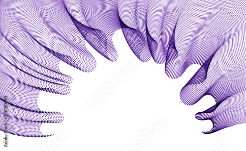 Vector abstract background with wave of flowing particles frame, smooth curve shape lines, particle array flow. 3d shape dots blended mesh, future technology useful border.