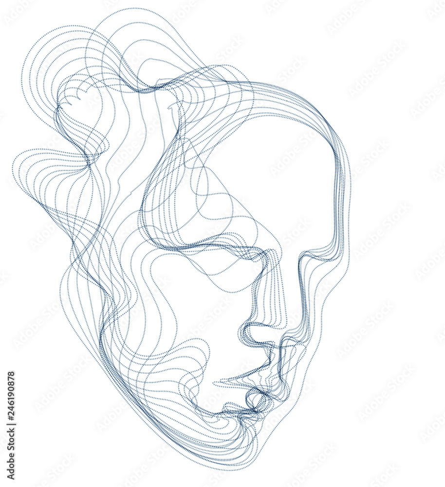 Digital soul of machine, Artificial Intelligence software visualization of human head made of dotted particles flowing wave lines array. Technical era period of evolution. - obrazy, fototapety, plakaty 